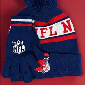 NFL Kids Blue and Red Pom-Pom Hat and Gloves Set